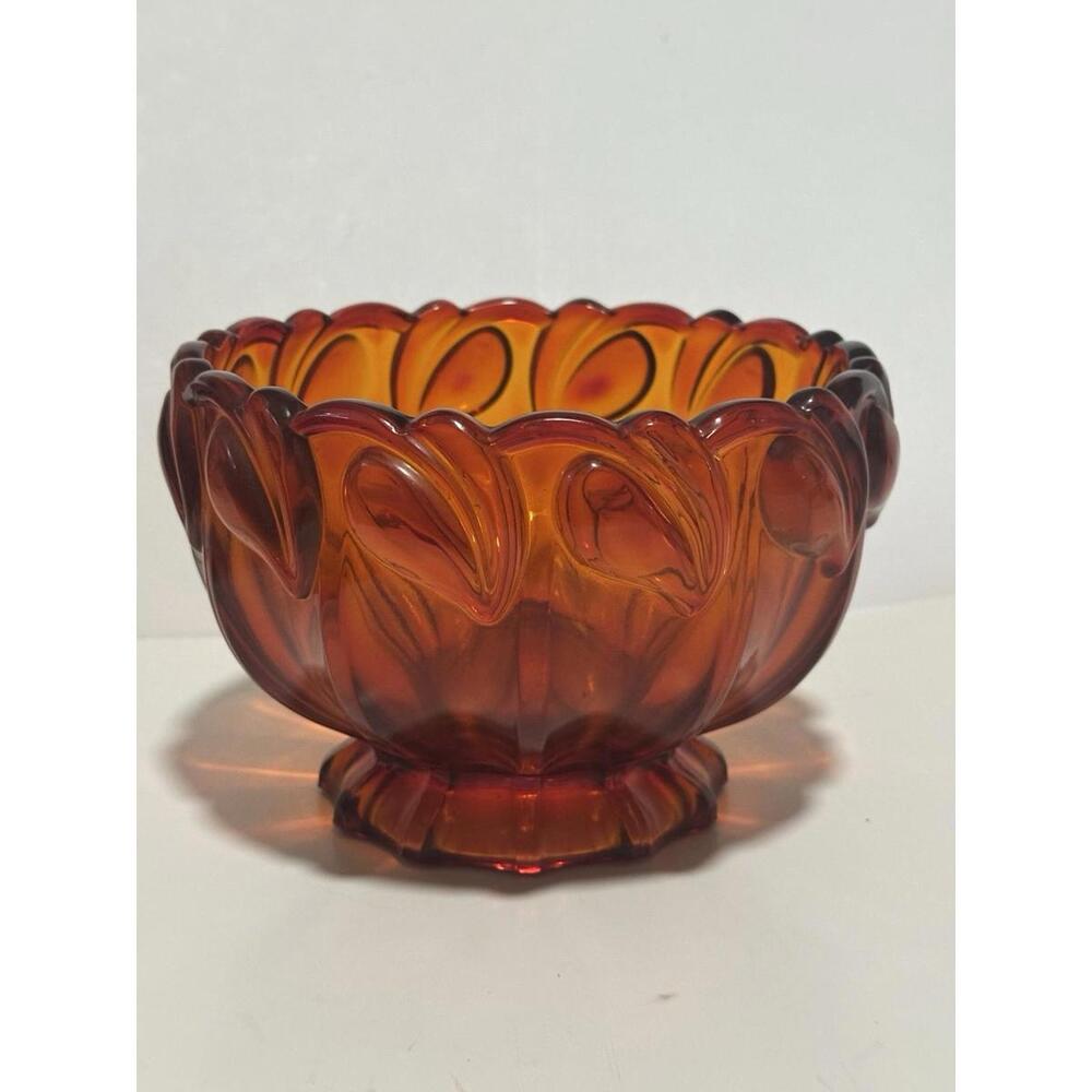 Indiana Tiara Ruby Cadmium Amberina UV Glow Glass Leaf Pattern Heavy Bowl MCM - Picture 5 of 8